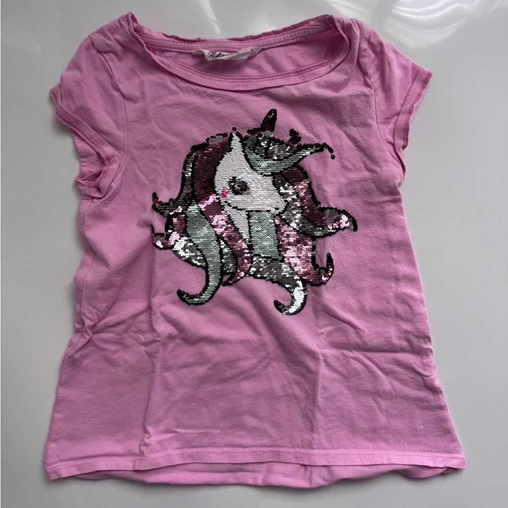 H&M 5T (4-6 Years) Pink Unicorn Sequin Kids T-Shirt (Girls)